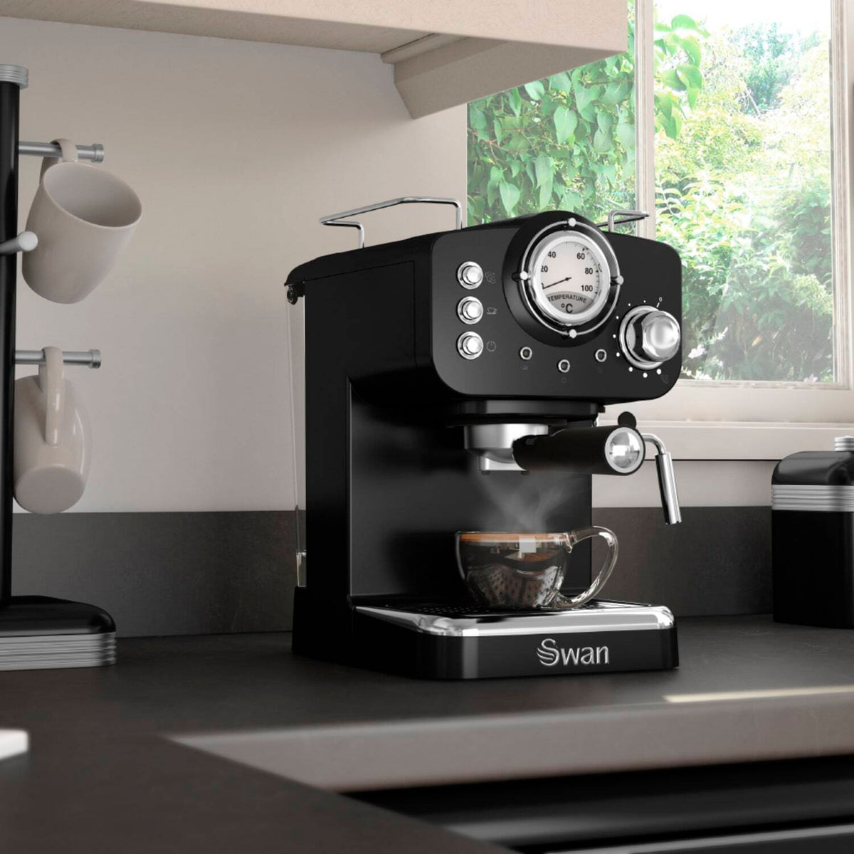 Swan Retro Pump Espresso Coffee Machine - Black