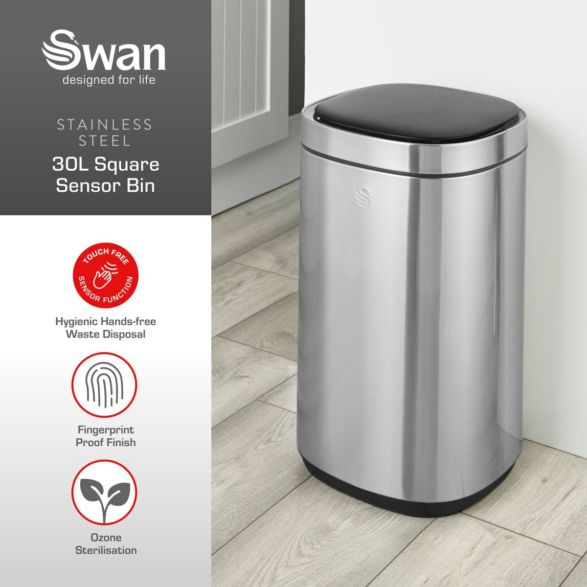 Swan 30L Square Sensor Bin