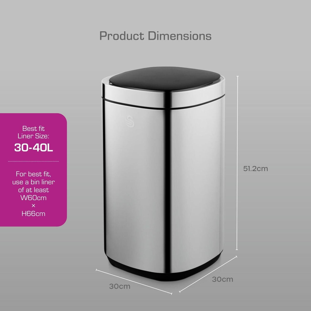 Swan 30L Square Sensor Bin