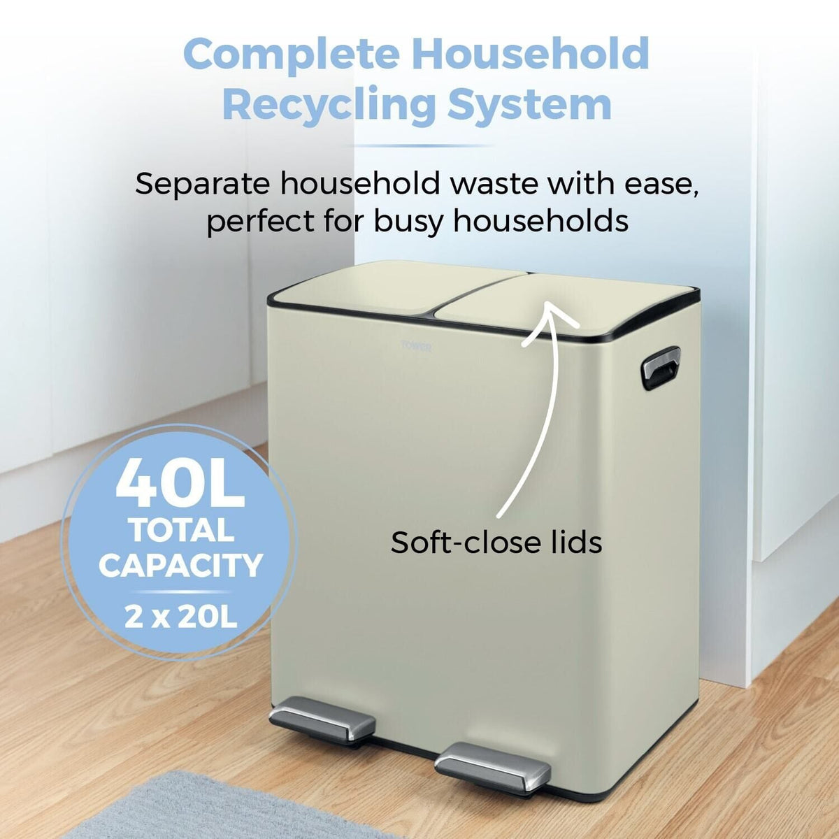 Tower 40L Recycling Pedal Bin - Cream