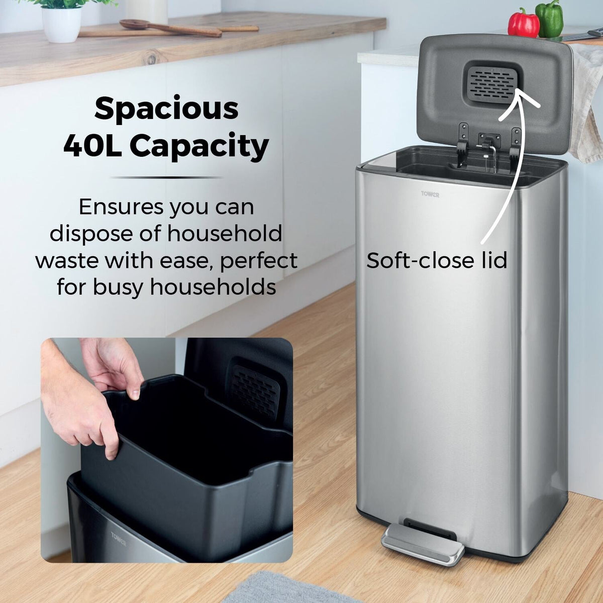 Tower 40L Rectangular Pedal Bin - Silver