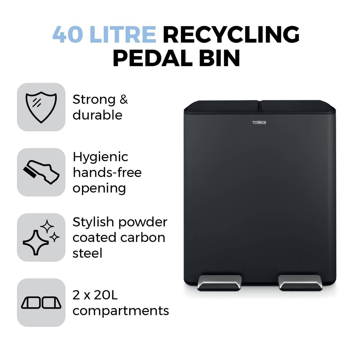 Tower 40L Recycling Pedal Bin - Black