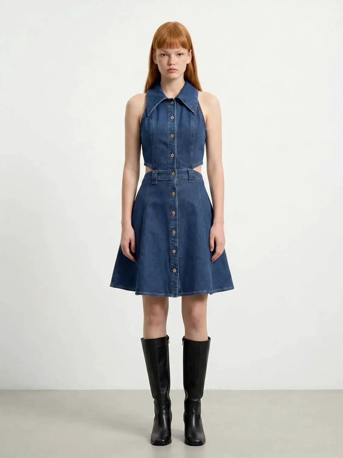 Sleeveless Shirt Collar Cutout Button Front Mini Denim Dress