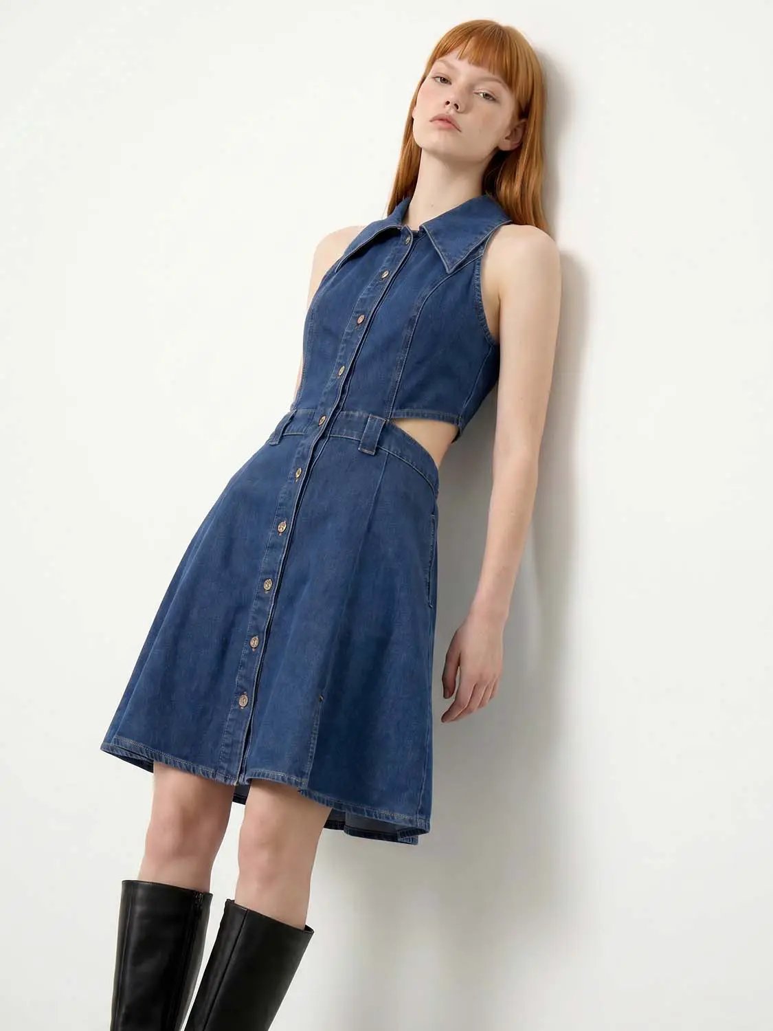 Sleeveless Shirt Collar Cutout Button Front Mini Denim Dress
