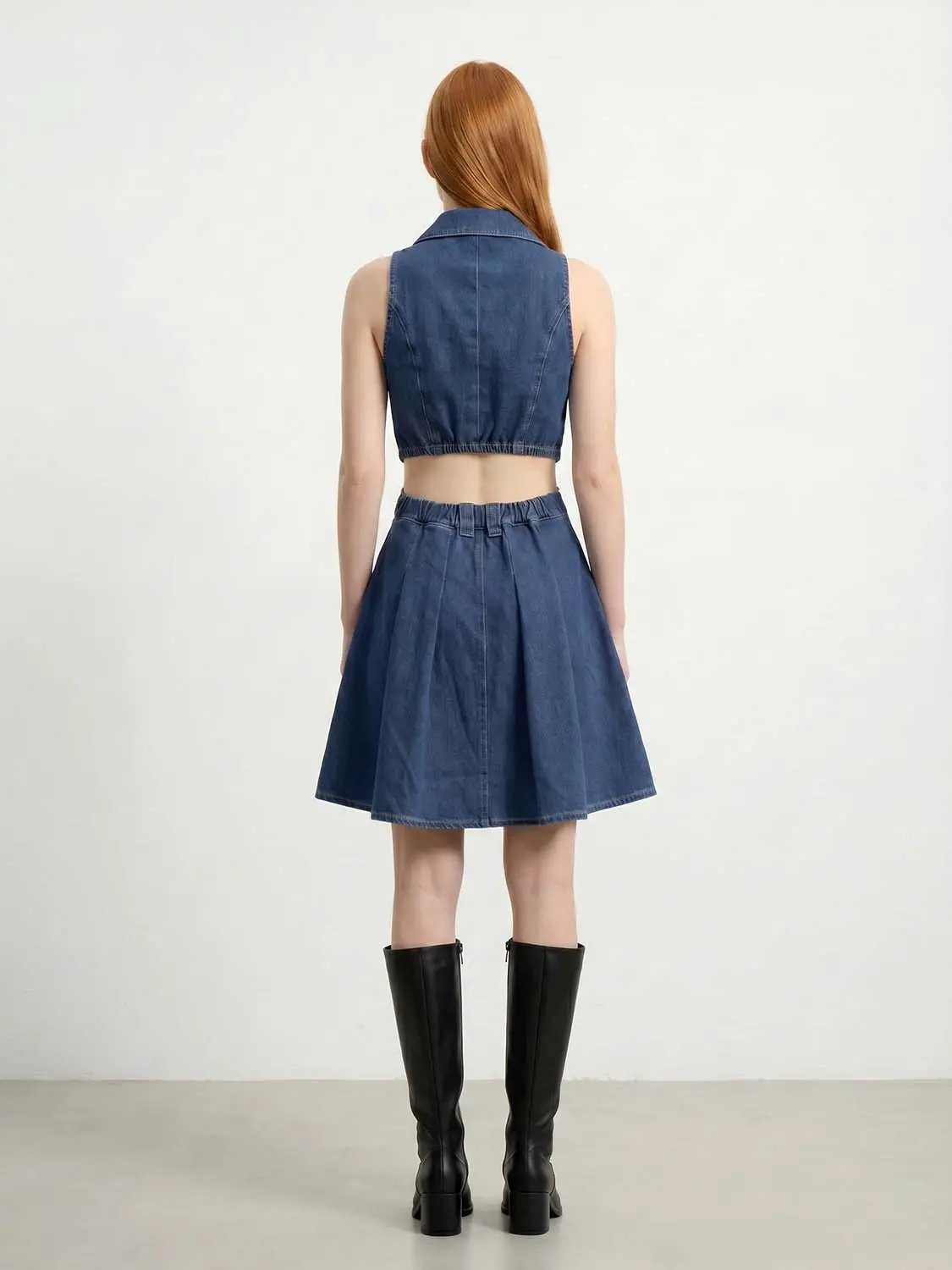 Sleeveless Shirt Collar Cutout Button Front Mini Denim Dress