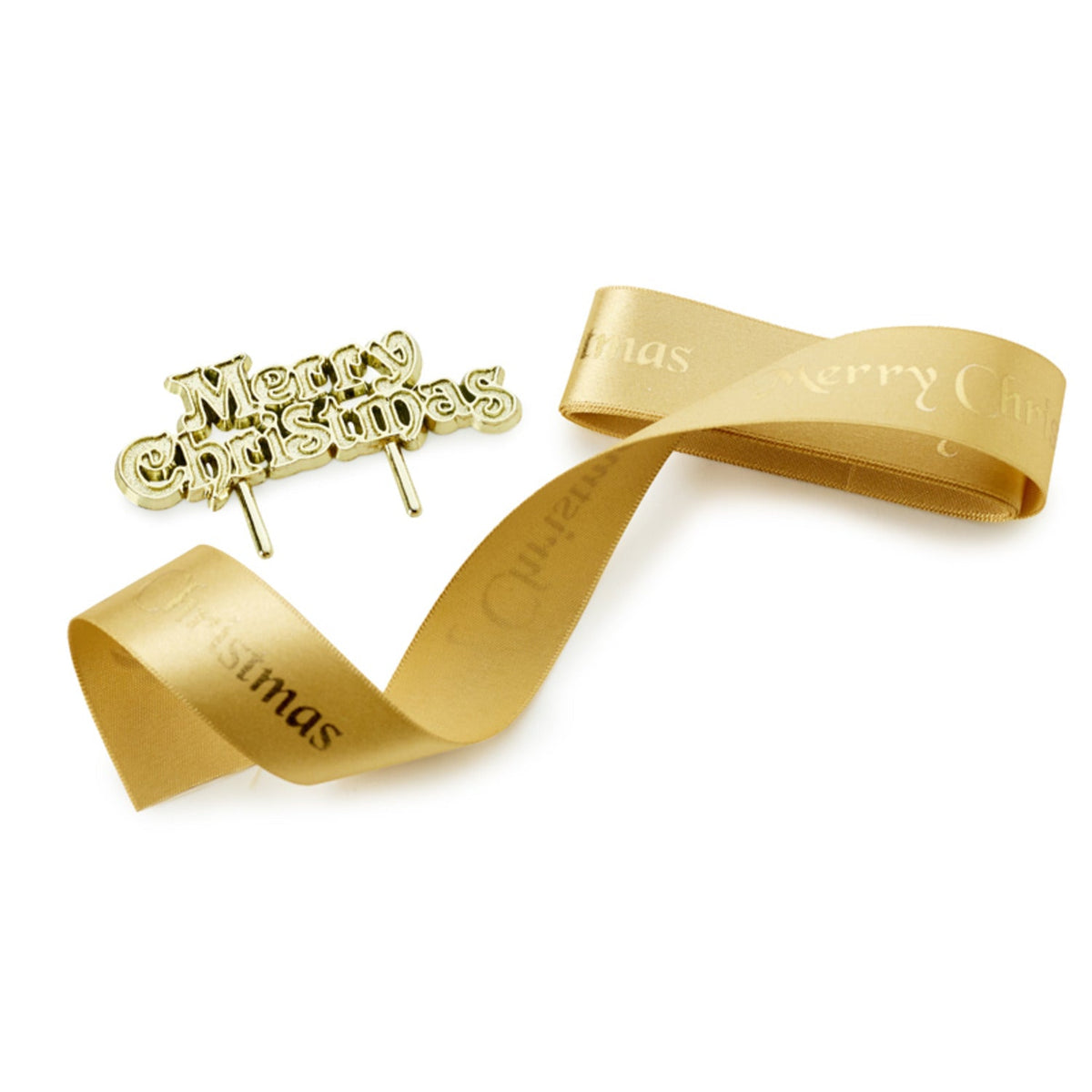 Gold Merry Christmas Cake Topper and Cake Ribbon Set