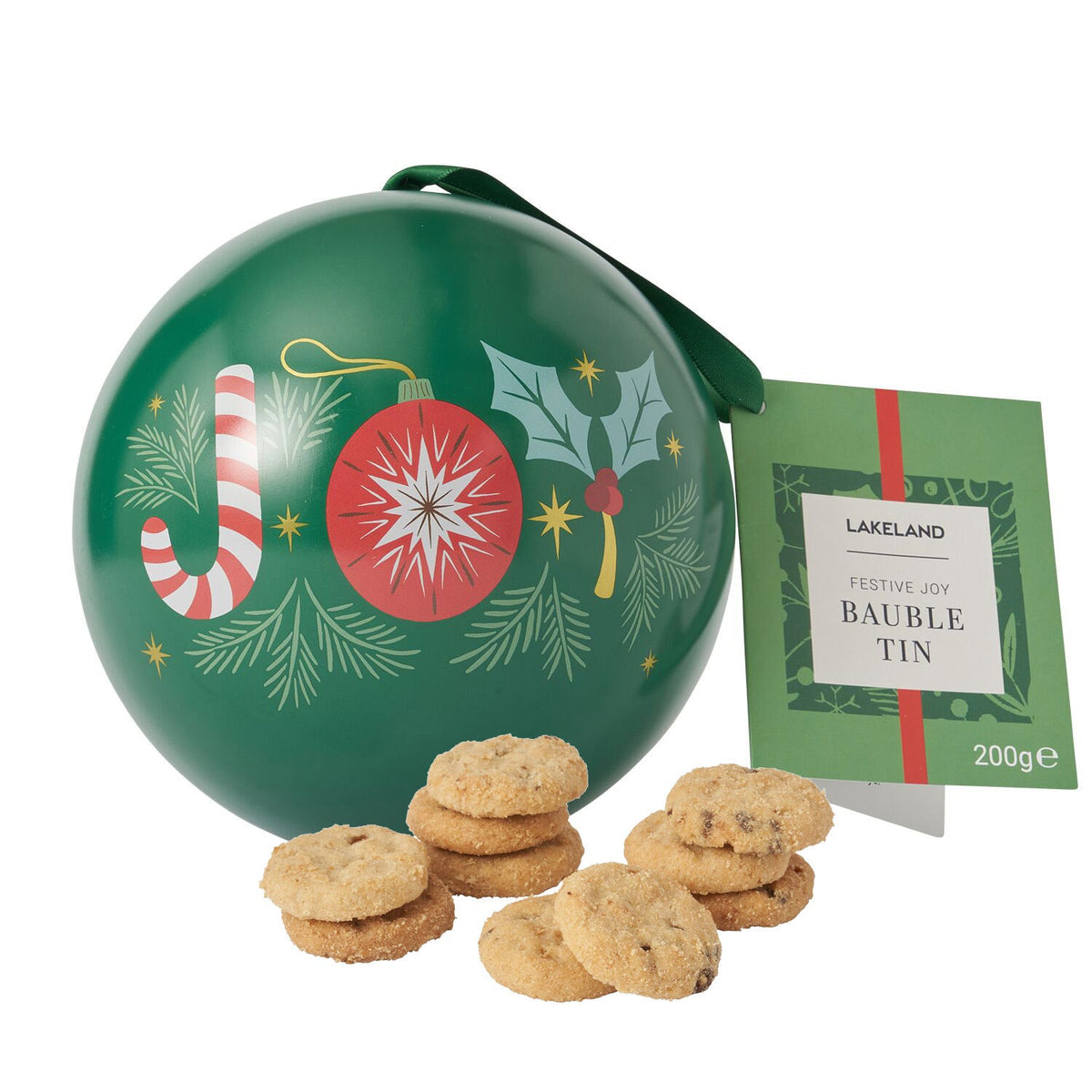 Lakeland Mini Chocolate Chip Bites in a Bauble Shaped Christmas Biscuit Tin 200g