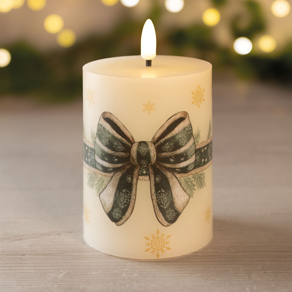 Lakeland Green Bow LED Pillar Candle