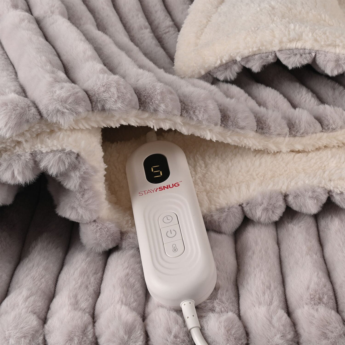 StaySnug Grey Striped Faux Fur Sherpa Heated Throw