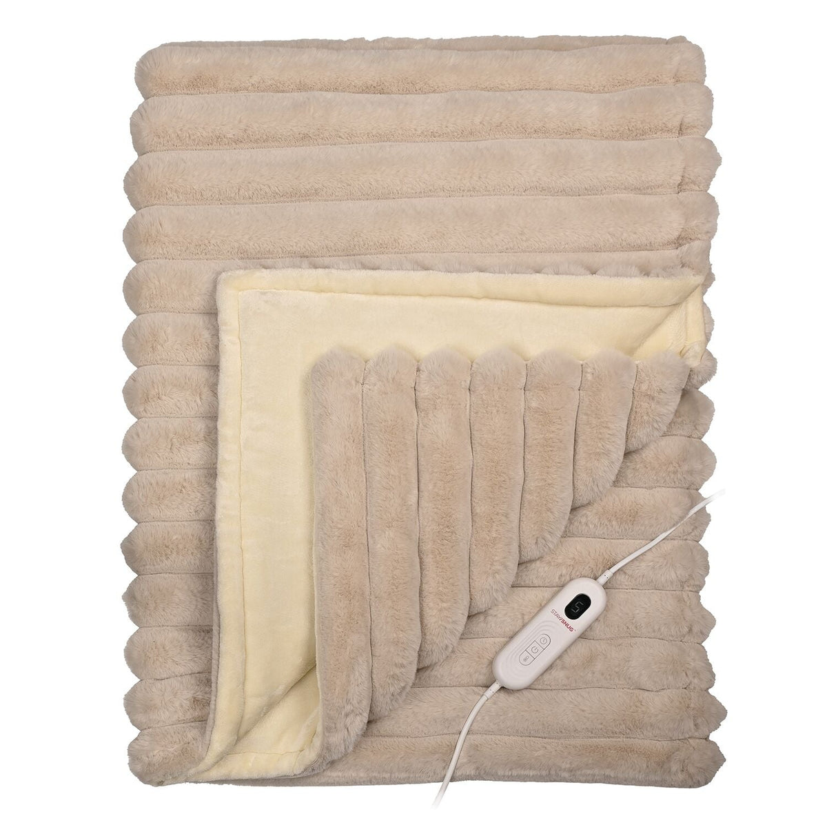 StaySnug Beige Striped Faux Fur Velvety Heated Throw