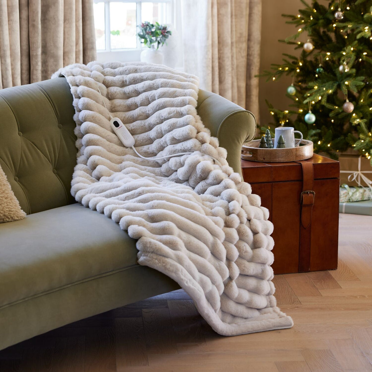 StaySnug Beige Striped Faux Fur Velvety Heated Throw
