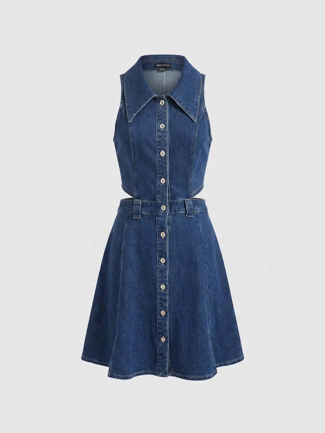 Sleeveless Shirt Collar Cutout Button Front Mini Denim Dress