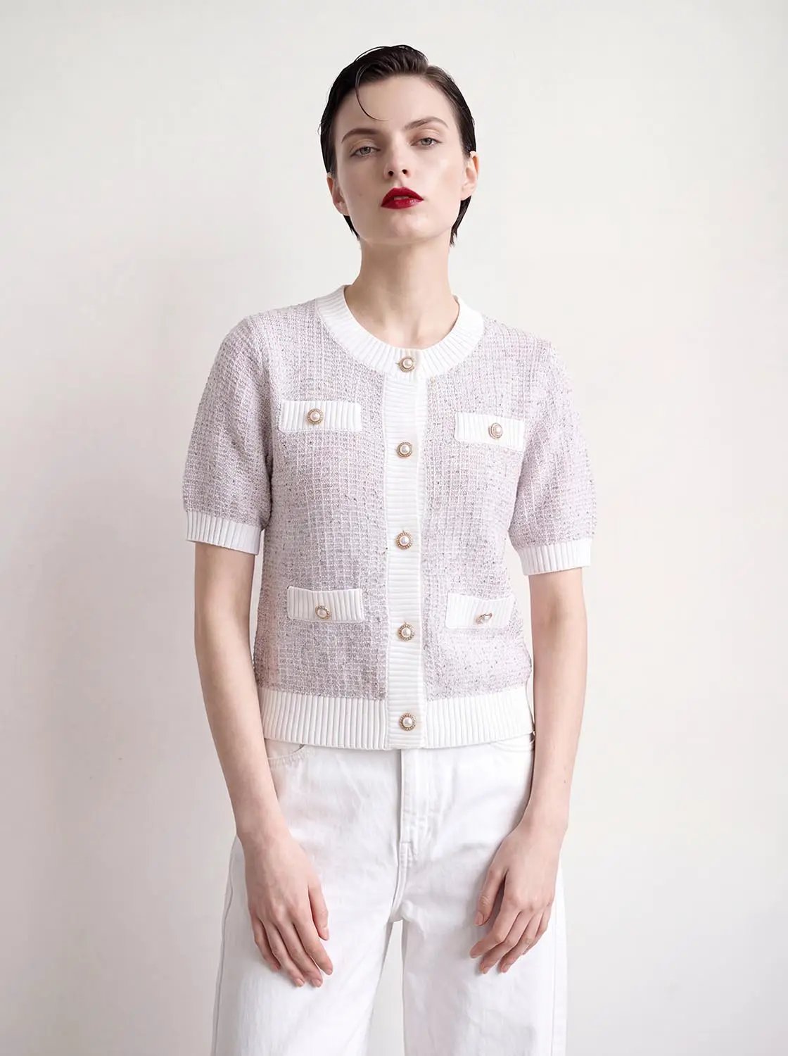 Textured Weave With Contrast Trim Cardigan