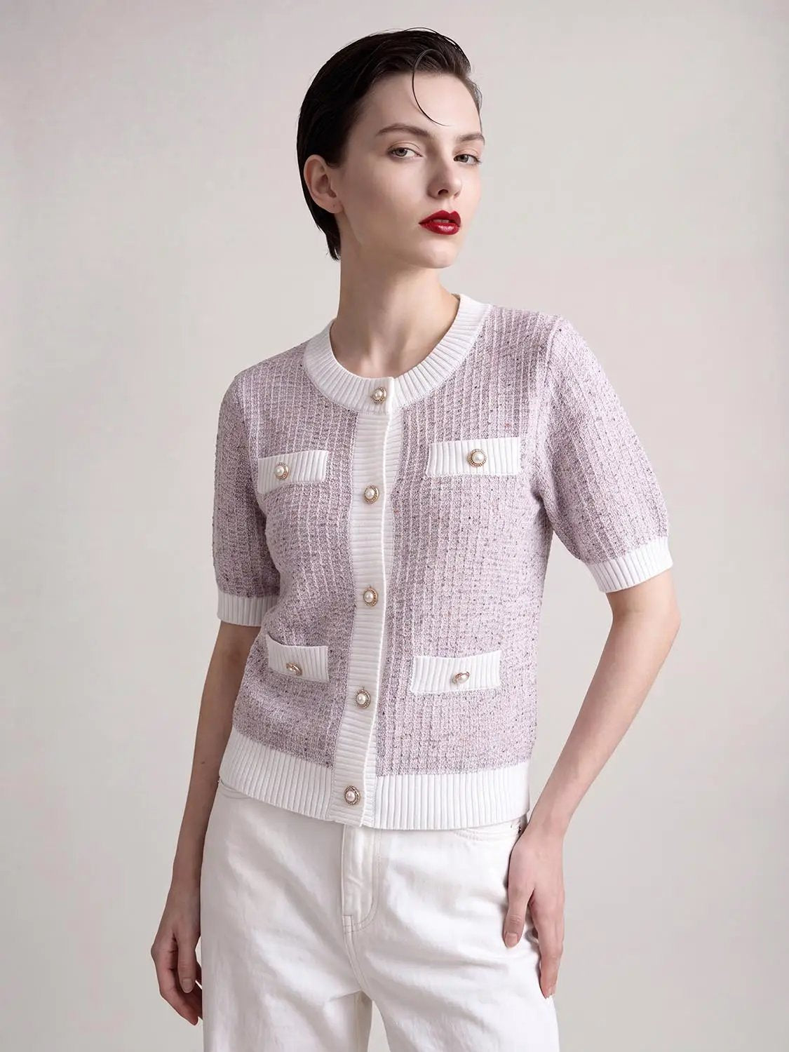 Textured Weave With Contrast Trim Cardigan