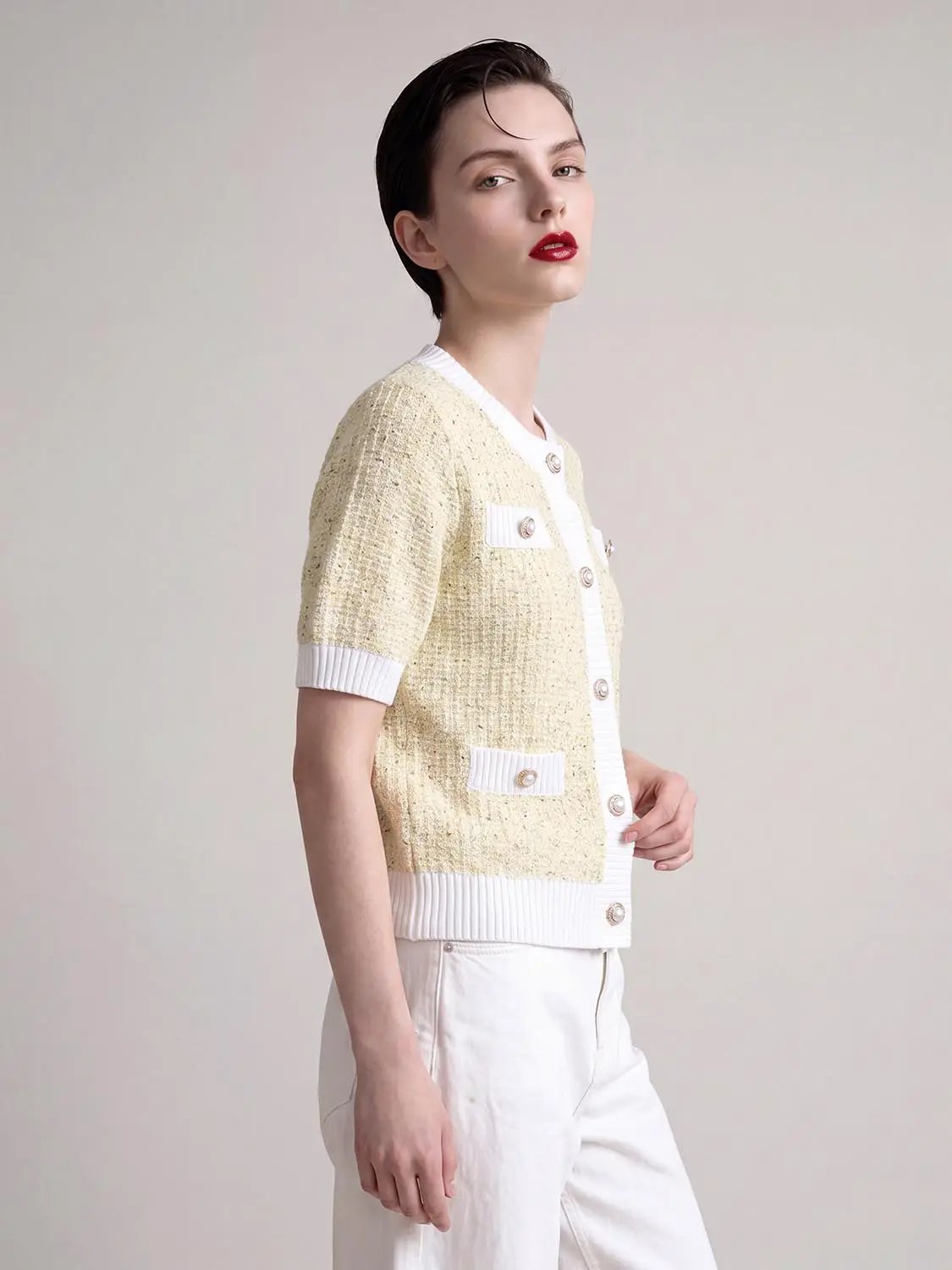 Textured Weave With Contrast Trim Cardigan