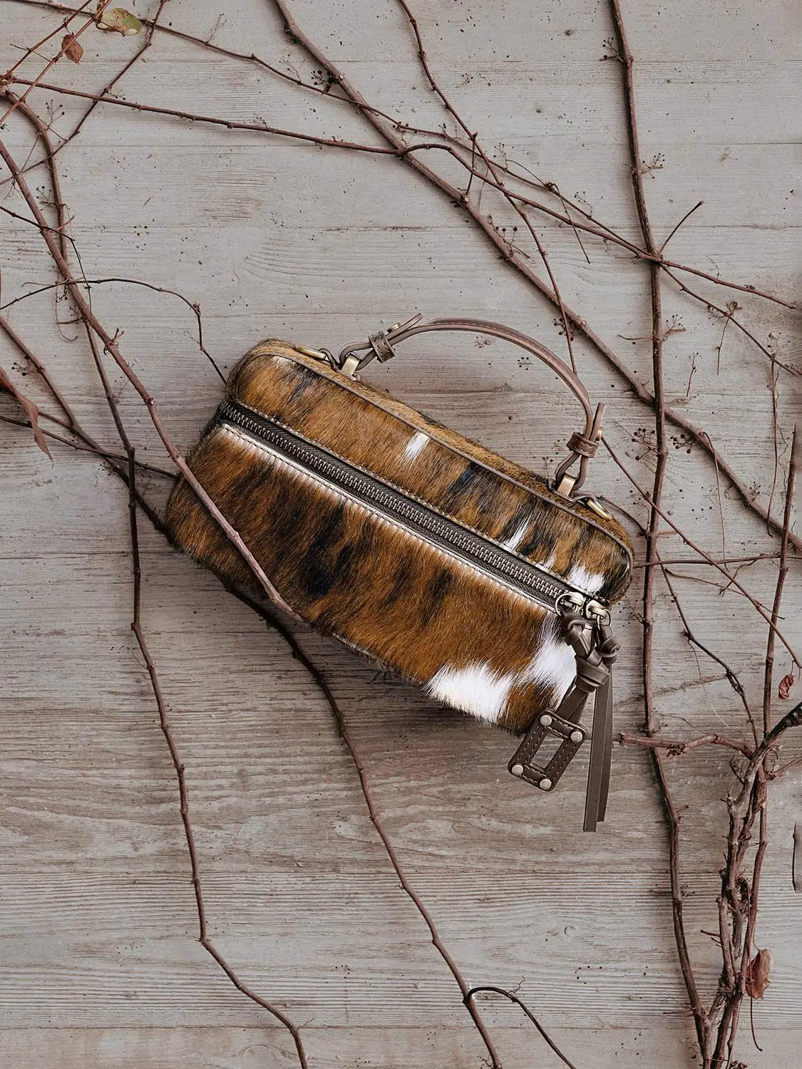 Zipped Closure Mini Size Fluffy Bovine Fur Shoulder Hand Bag