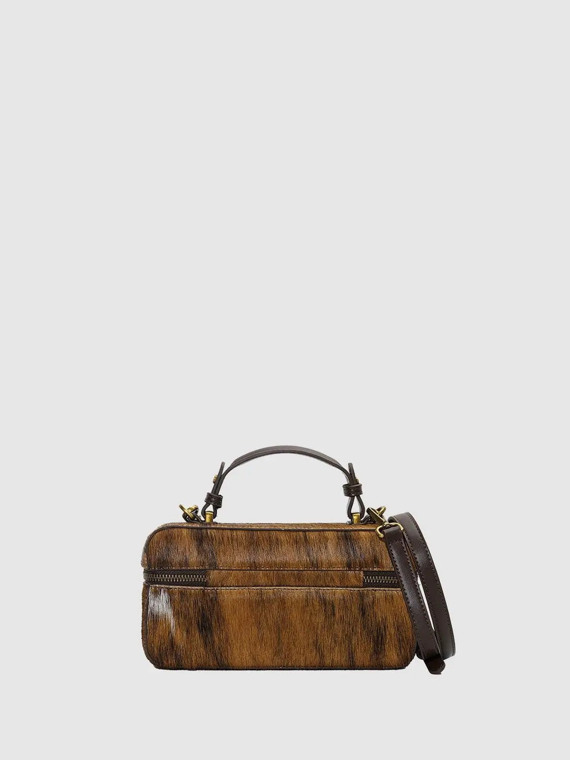 Zipped Closure Mini Size Fluffy Bovine Fur Shoulder Hand Bag