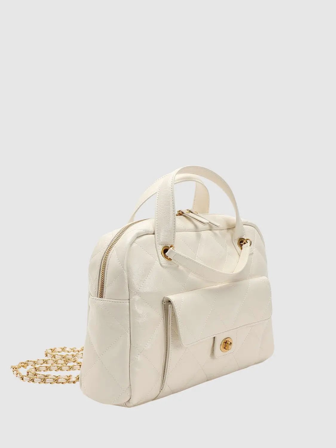 Cream Quilted Chain Detail Backpack With Gold Hardware