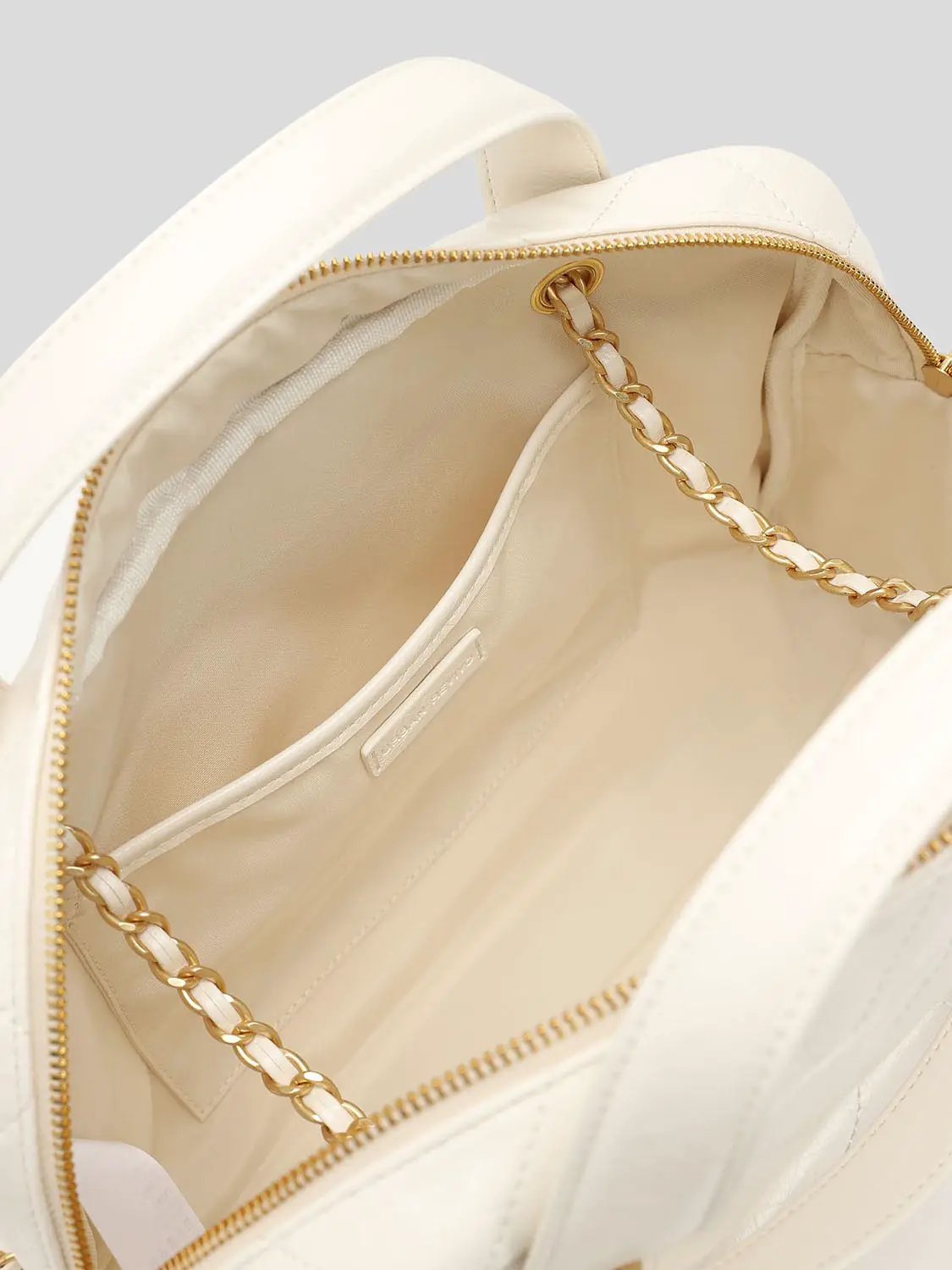Cream Quilted Chain Detail Backpack With Gold Hardware