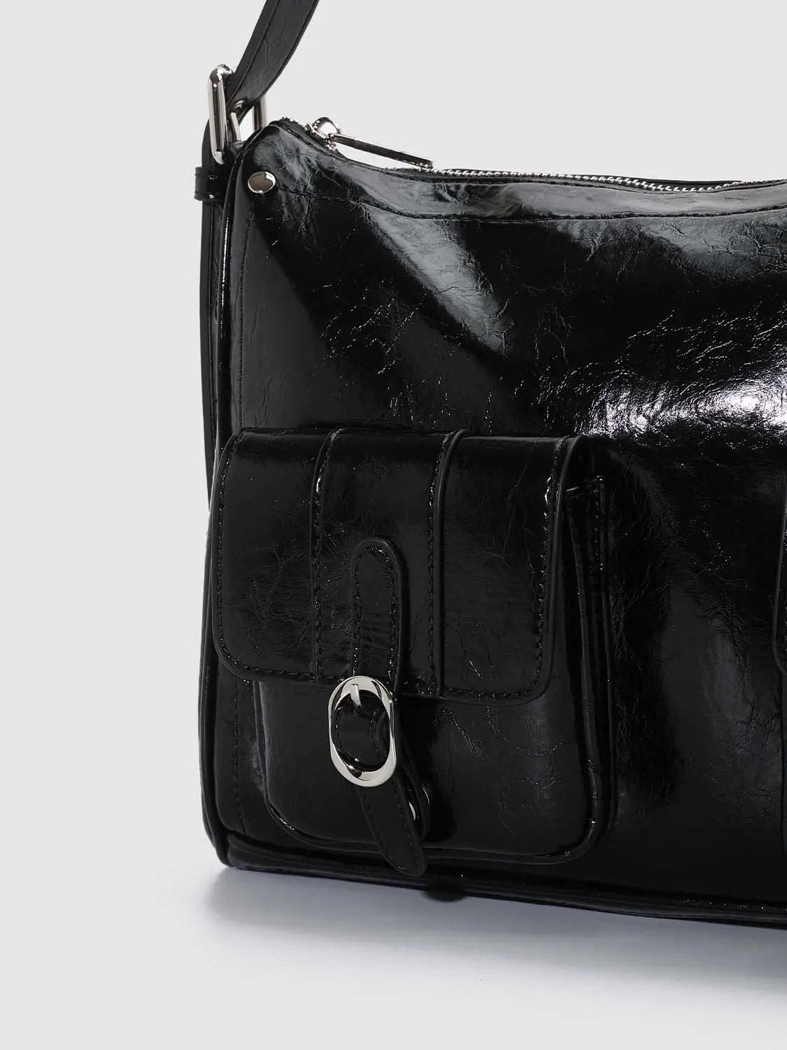 Faux Leather Textured Multi-Pocket Shoulder Bag