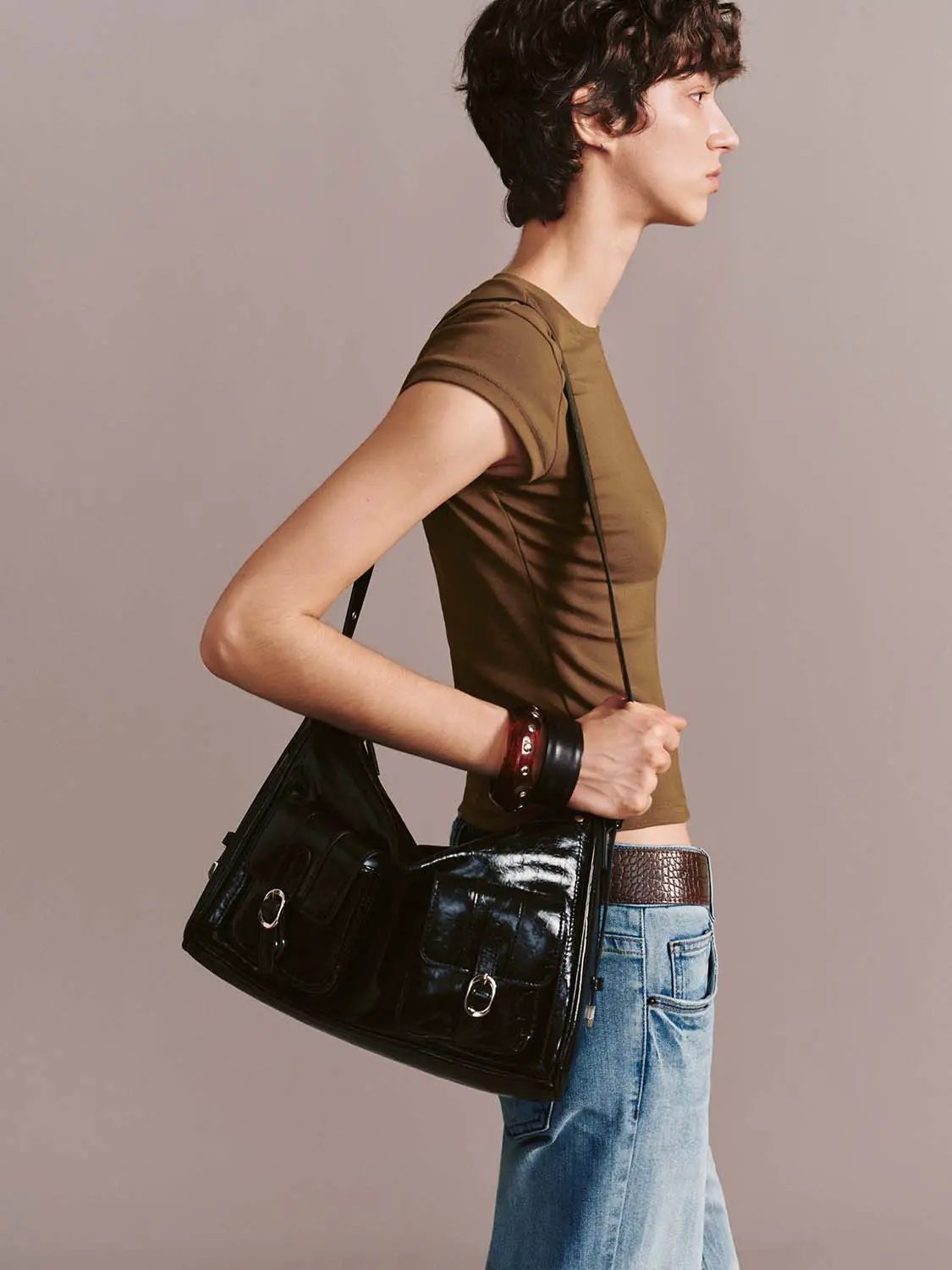 Faux Leather Textured Multi-Pocket Shoulder Bag
