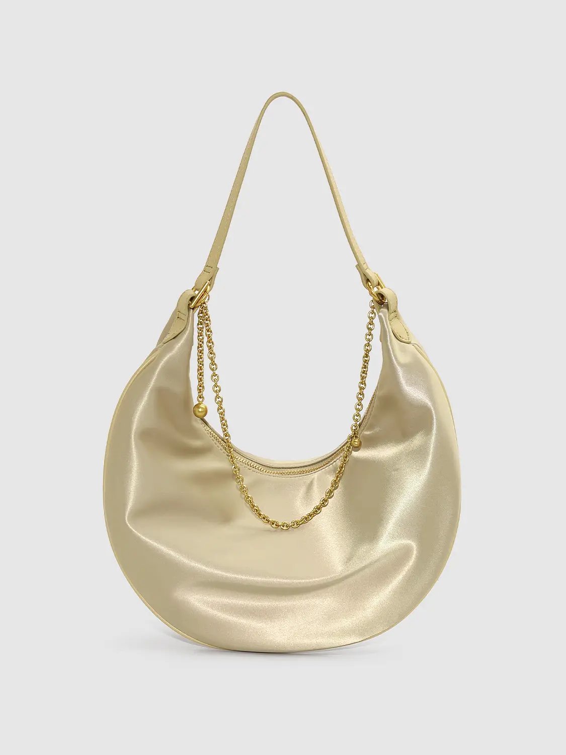 Chain Detail Crescent Stretch Fabric Shoulder Bag