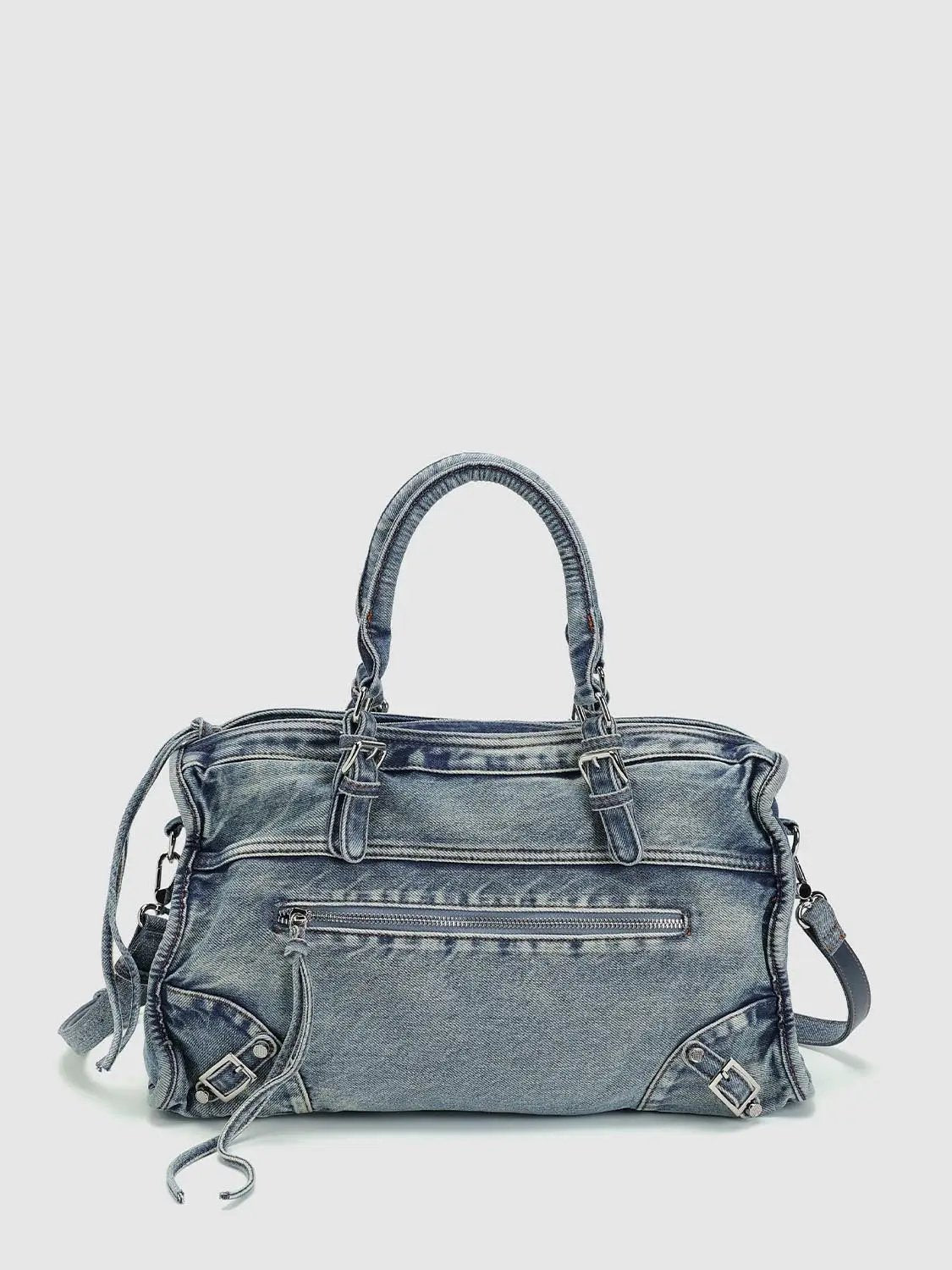 Frayed Edge Washed Tote Front Pocket Denim Bag