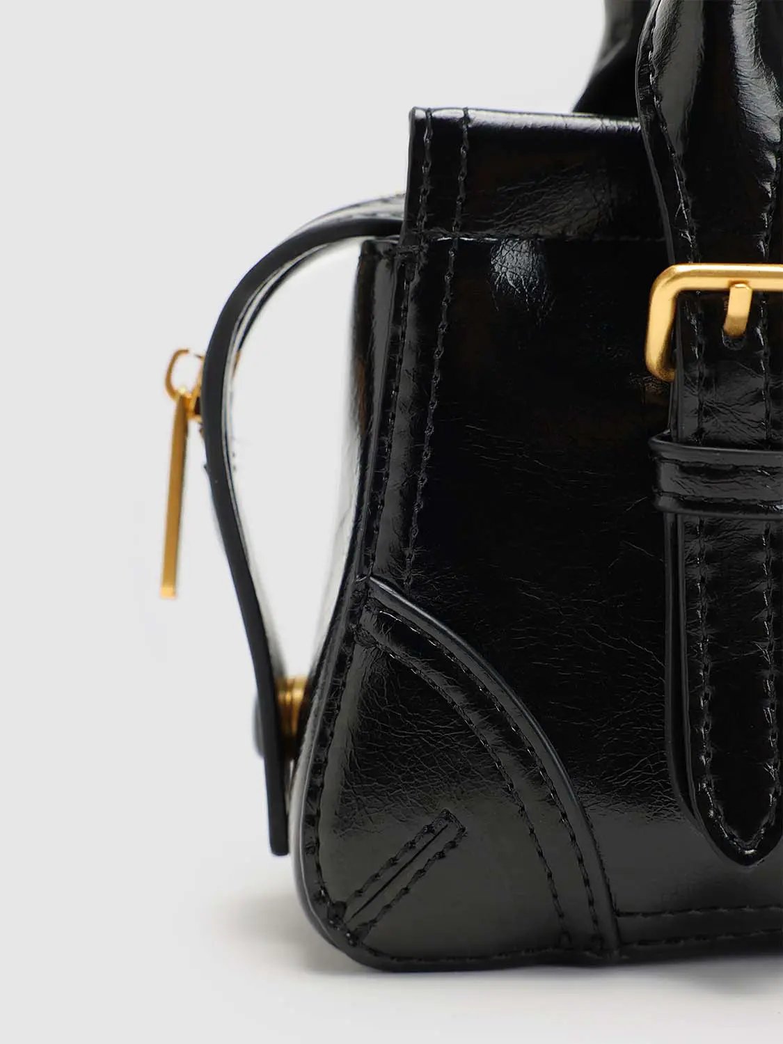Buckle Strap Stitched Detail Mini Structured Top Handle Bag