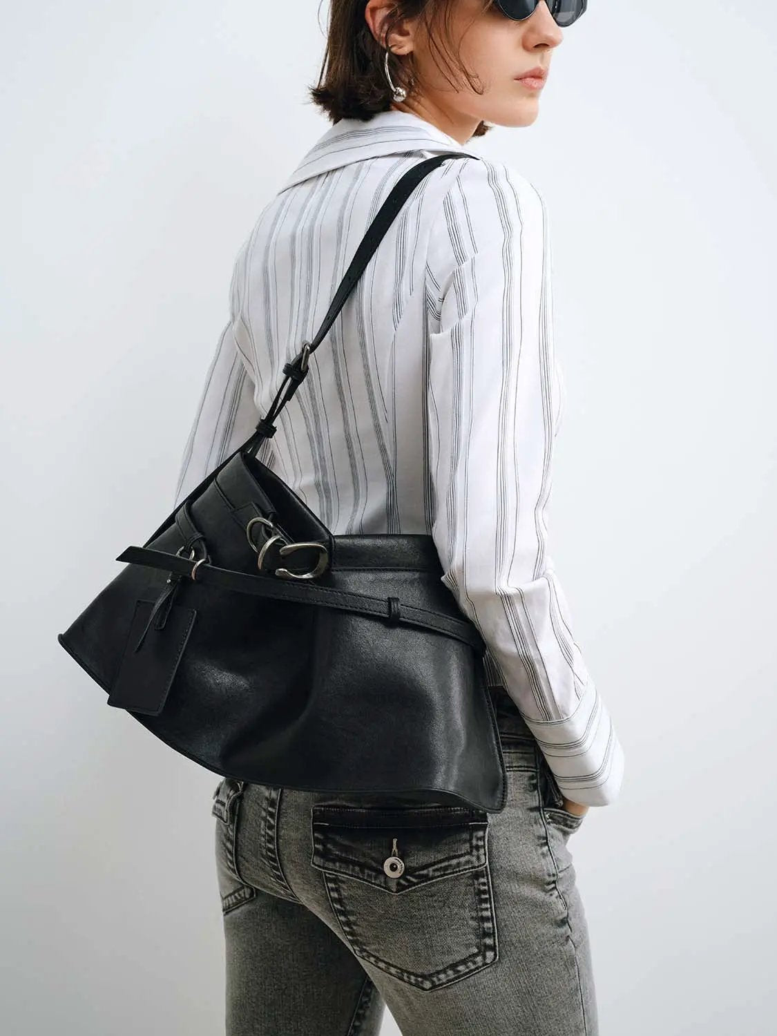 Layered Strap Detail Overlapping Panels Shoulder Bag