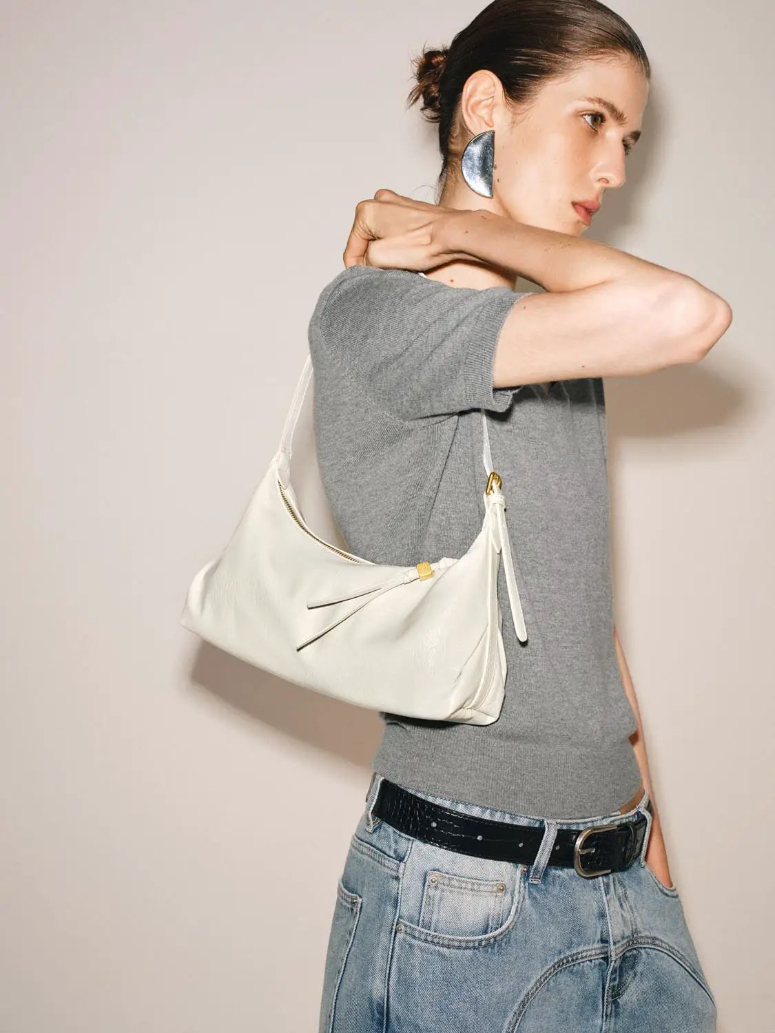 White Artificial Leather Hobo Bag