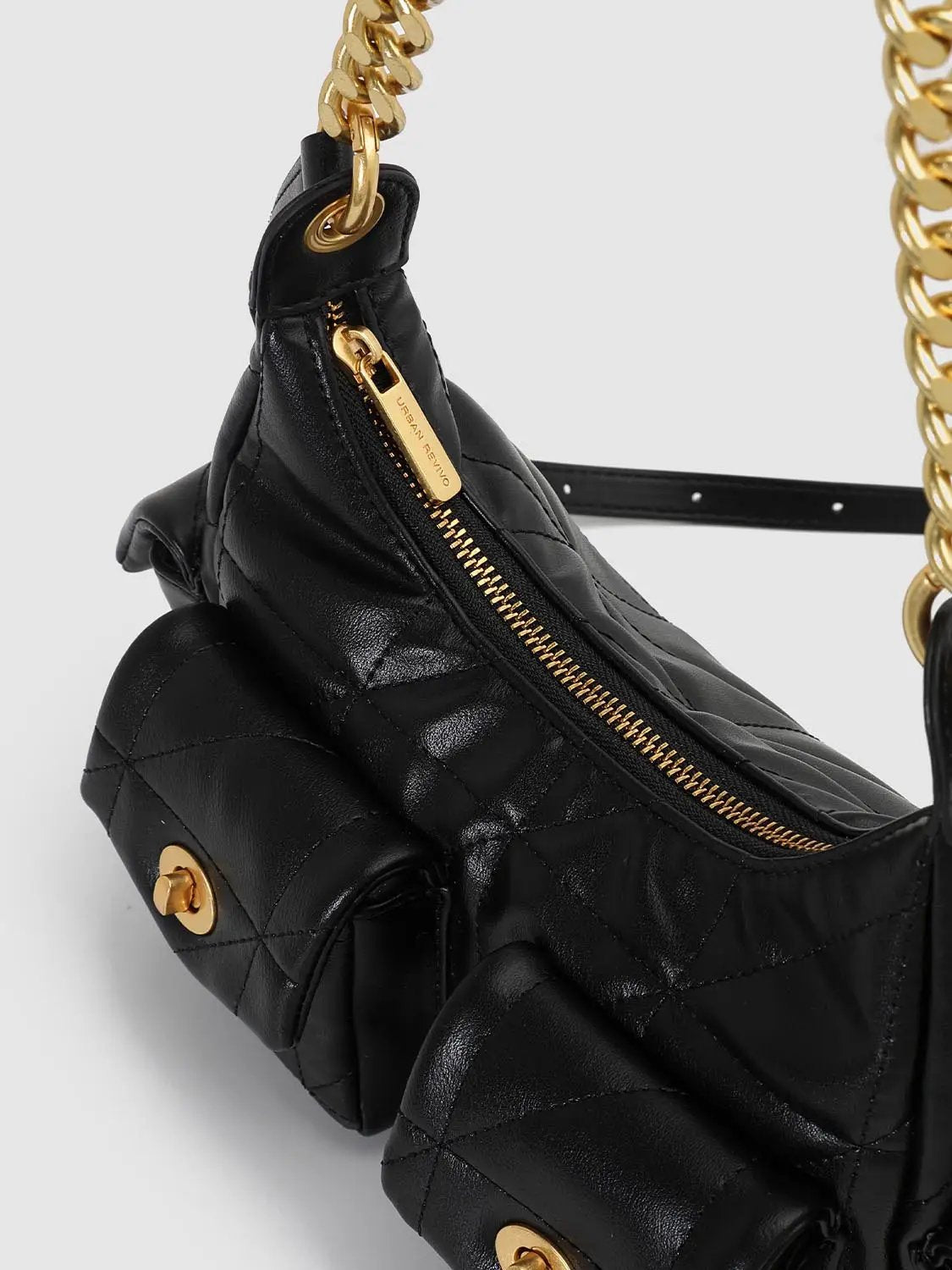 Quilted Flap Pocket Gold Chain Crossbody Bag