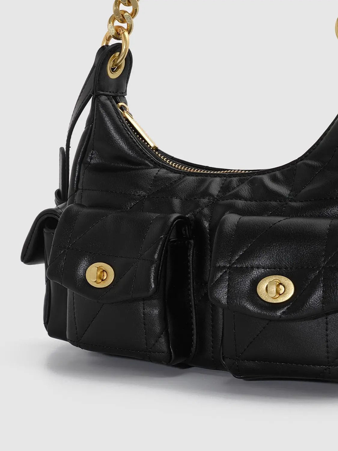 Quilted Flap Pocket Gold Chain Crossbody Bag