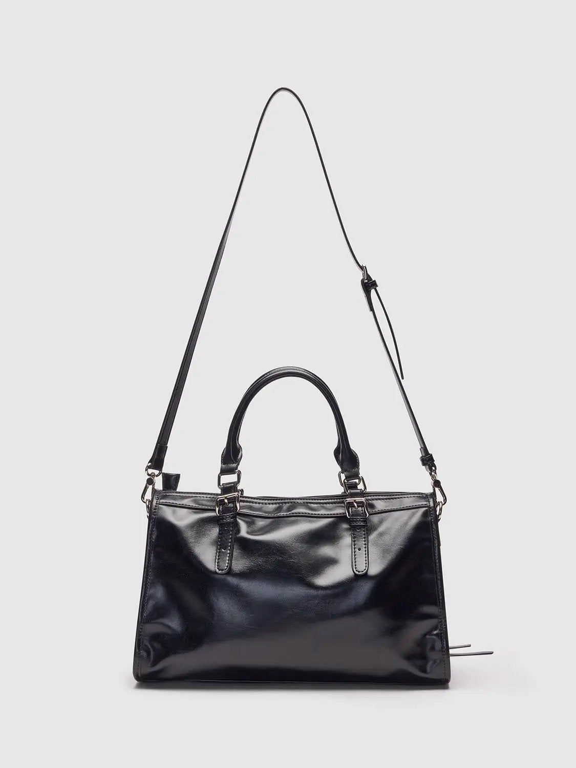 Glossy Black Crossbody Tote Front Zip Pocket Bag