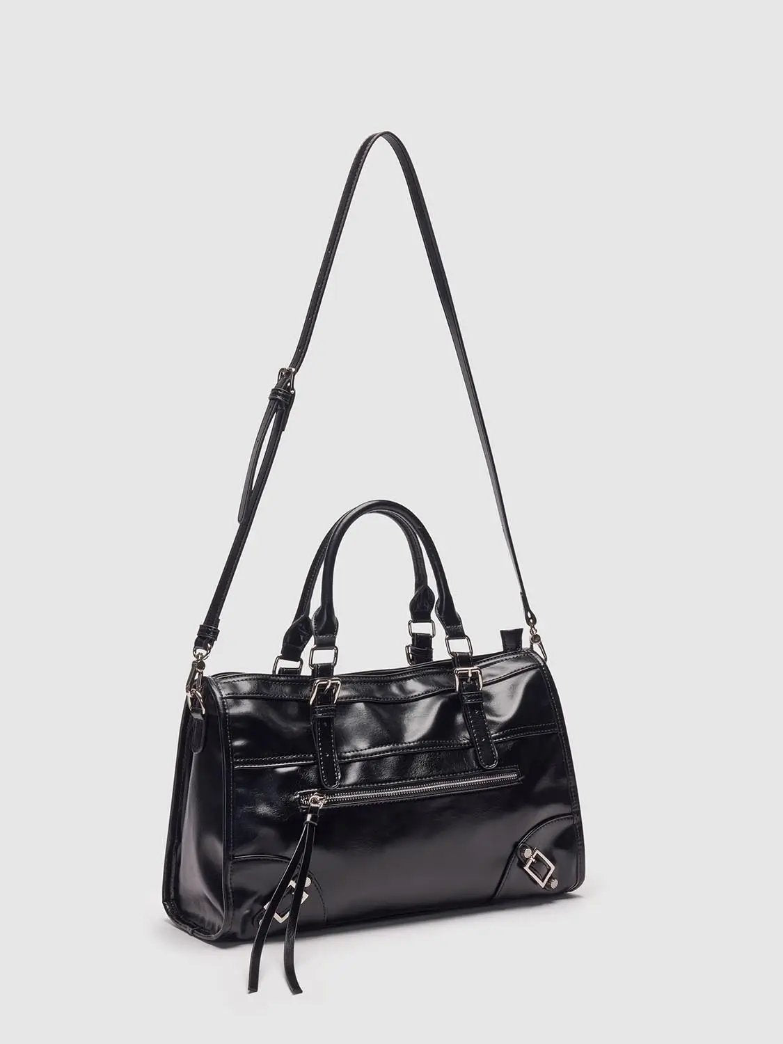 Glossy Black Crossbody Tote Front Zip Pocket Bag