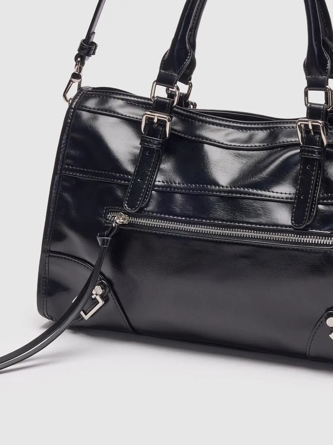 Glossy Black Crossbody Tote Front Zip Pocket Bag