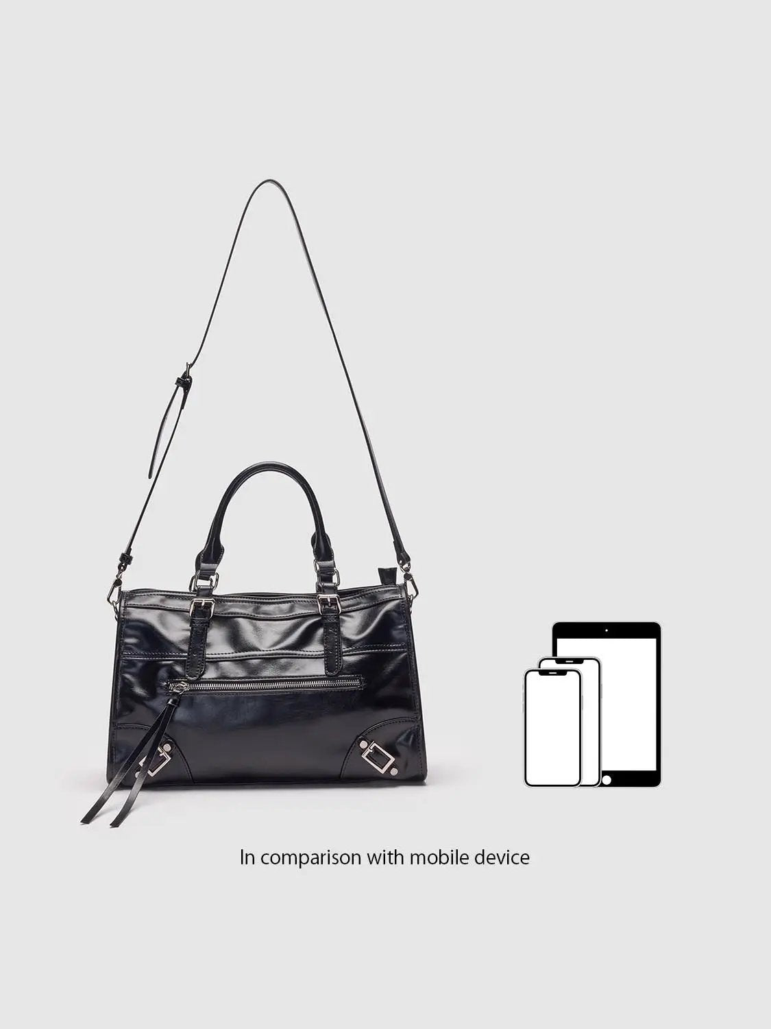 Glossy Black Crossbody Tote Front Zip Pocket Bag