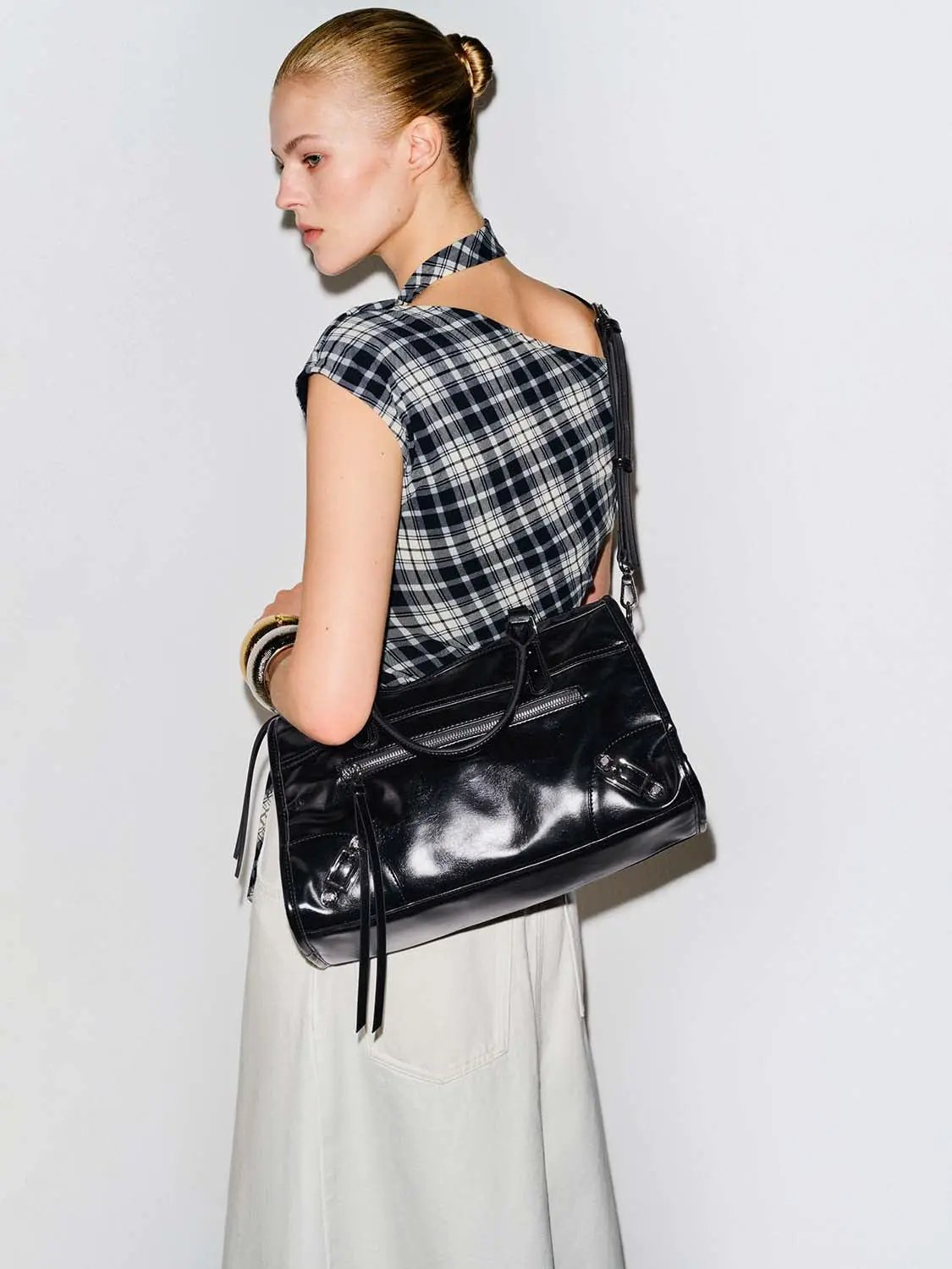 Glossy Black Crossbody Tote Front Zip Pocket Bag