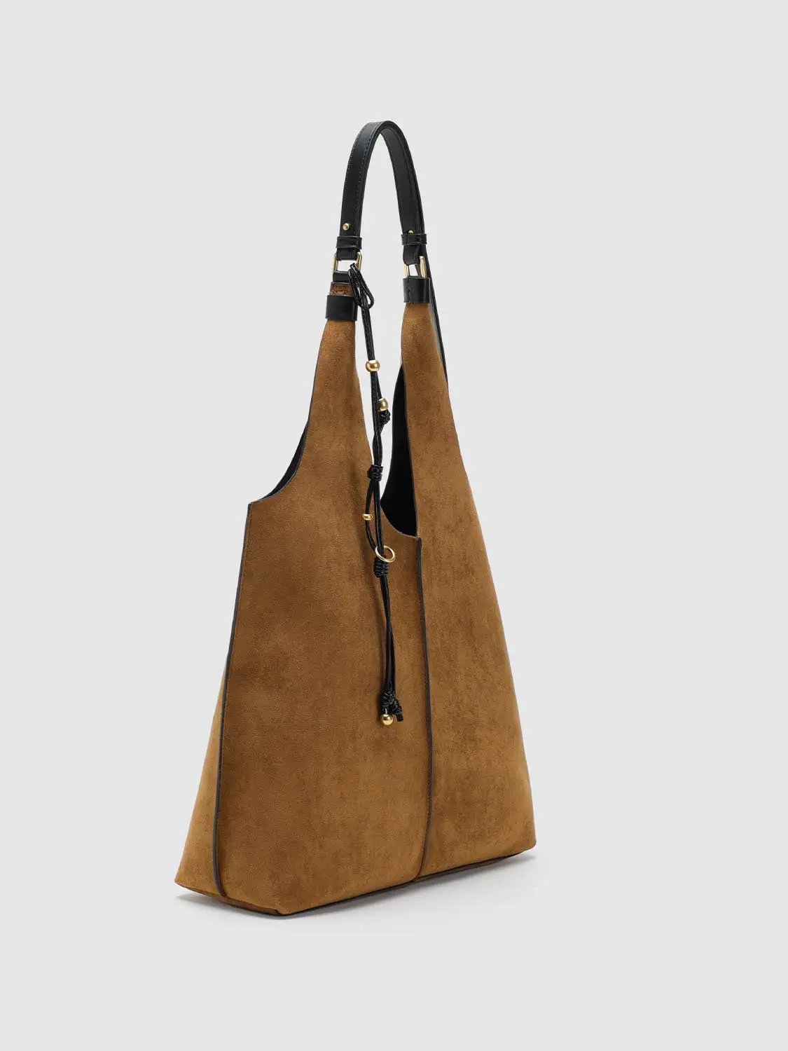 Brown Textile Beaded Tassel Black Strap Shoulder Bag
