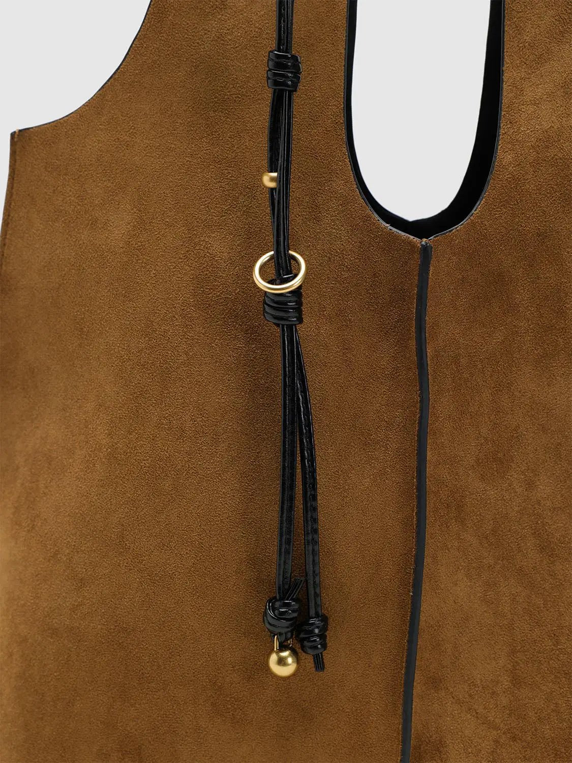 Brown Textile Beaded Tassel Black Strap Shoulder Bag