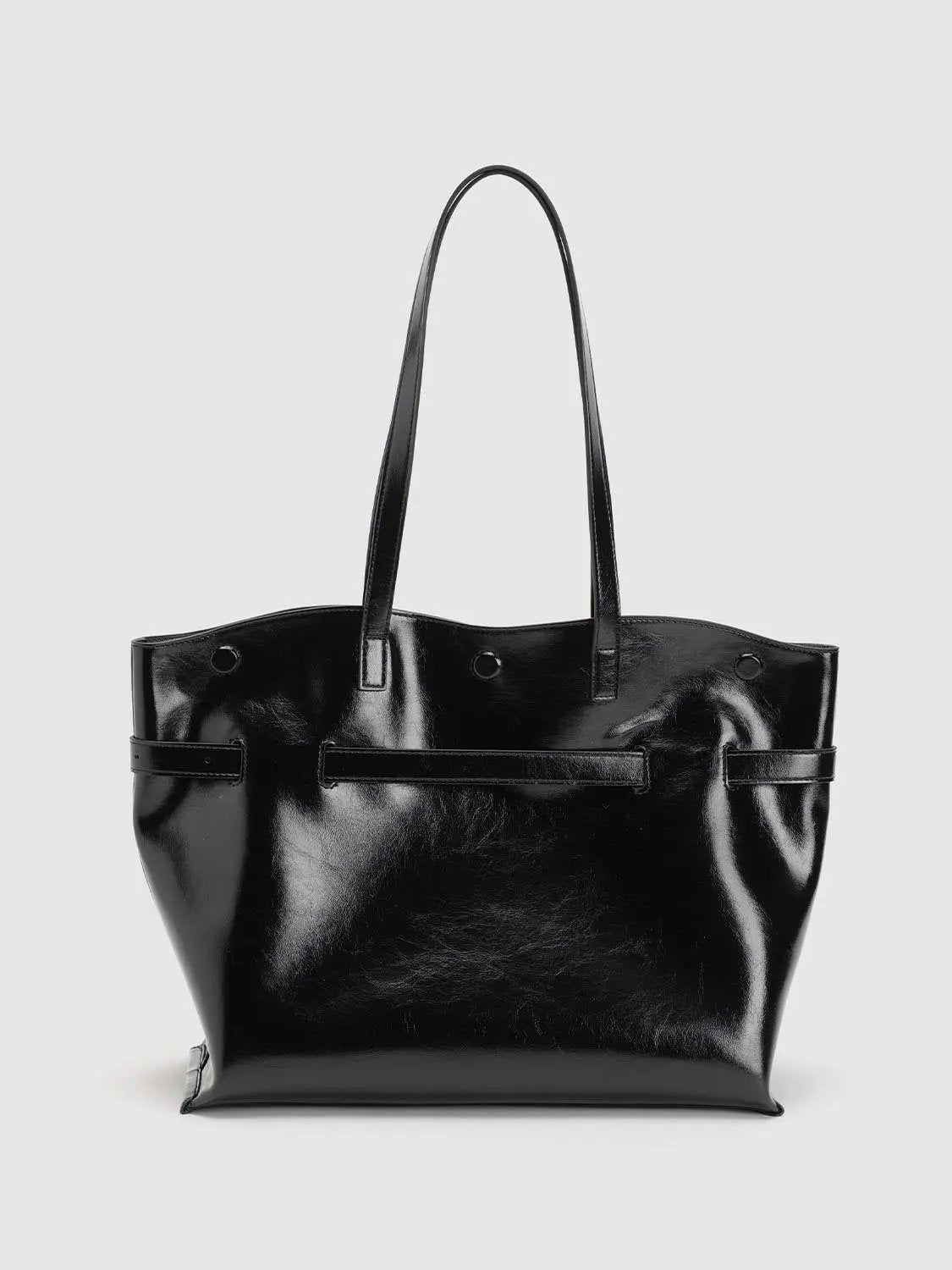 Black Glossy Buckle Detail Long Handle Shoulder Bag