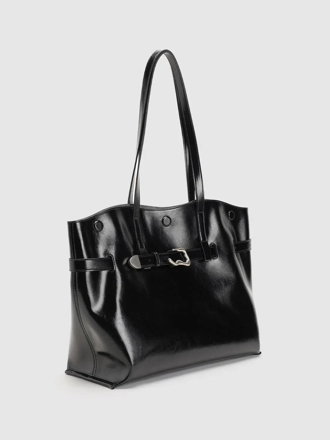 Black Glossy Buckle Detail Long Handle Shoulder Bag