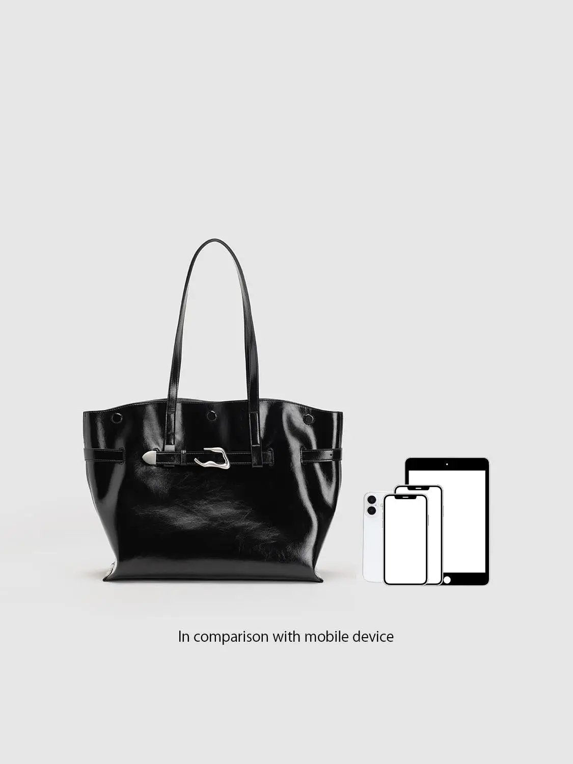 Black Glossy Buckle Detail Long Handle Shoulder Bag