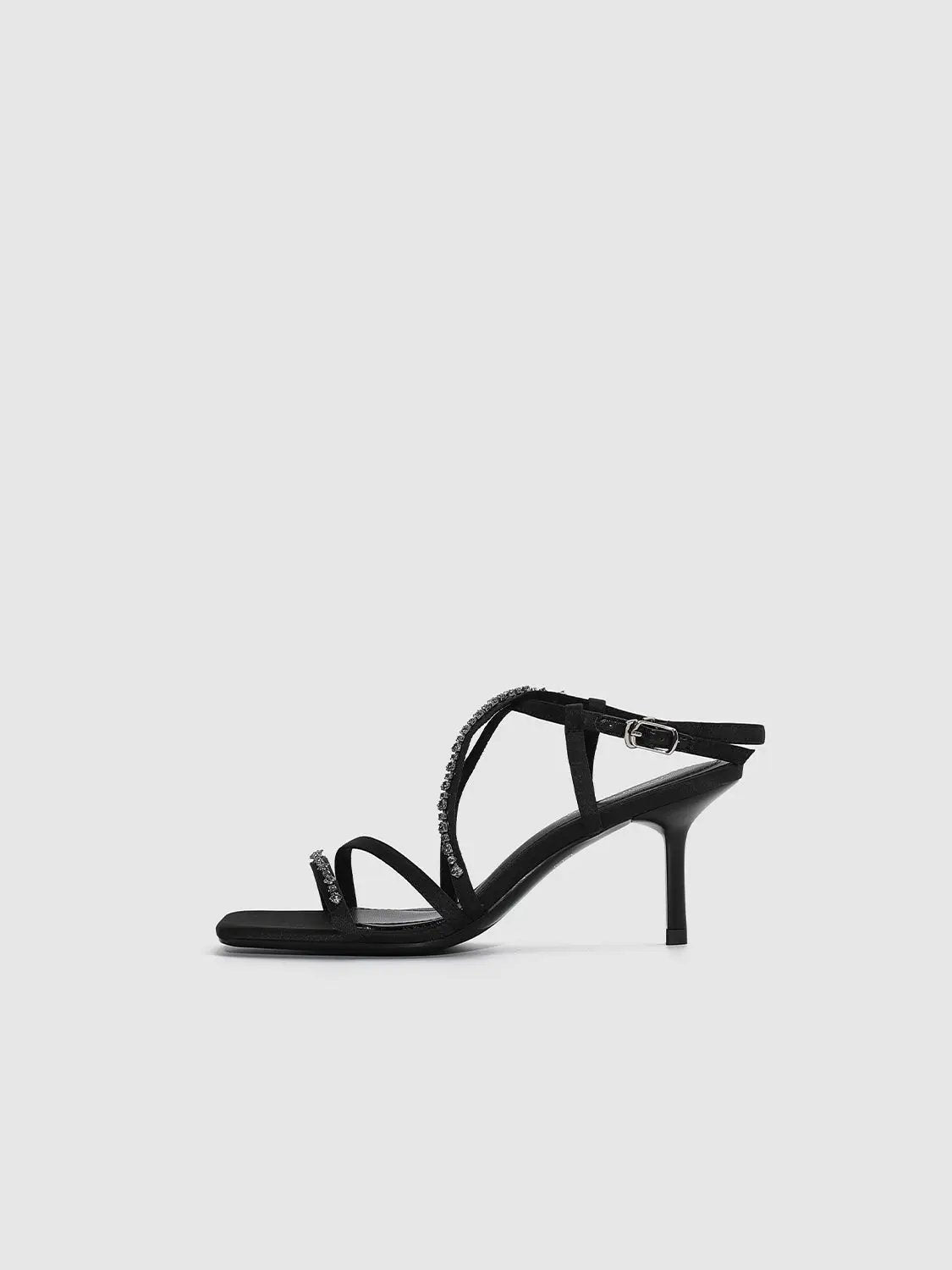 Square Toe Rhinestone Thin Strap Stiletto Heel Sandals
