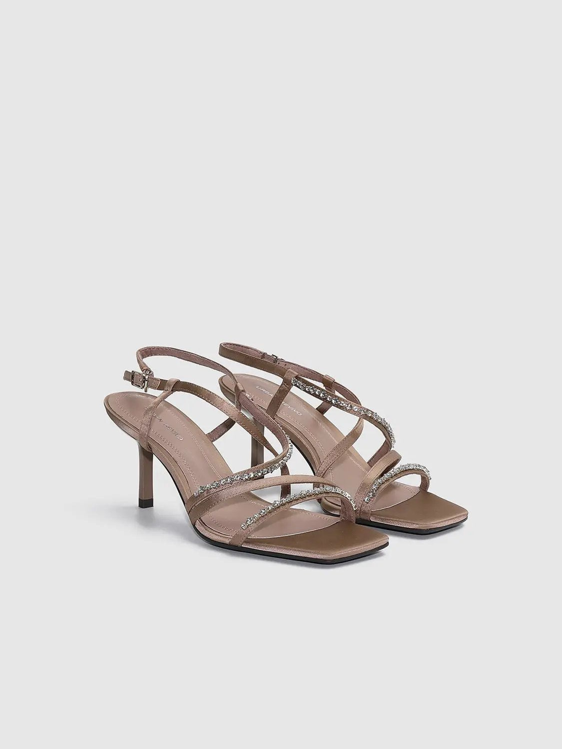 Square Toe Rhinestone Thin Strap Stiletto Heel Sandals