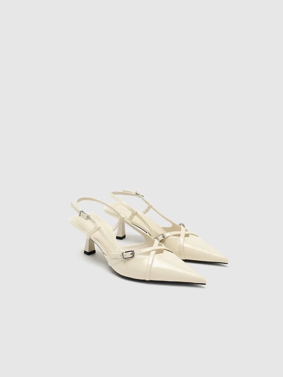 Cream Patent Look Elegant Point Toe Mid Heel Slingbacks