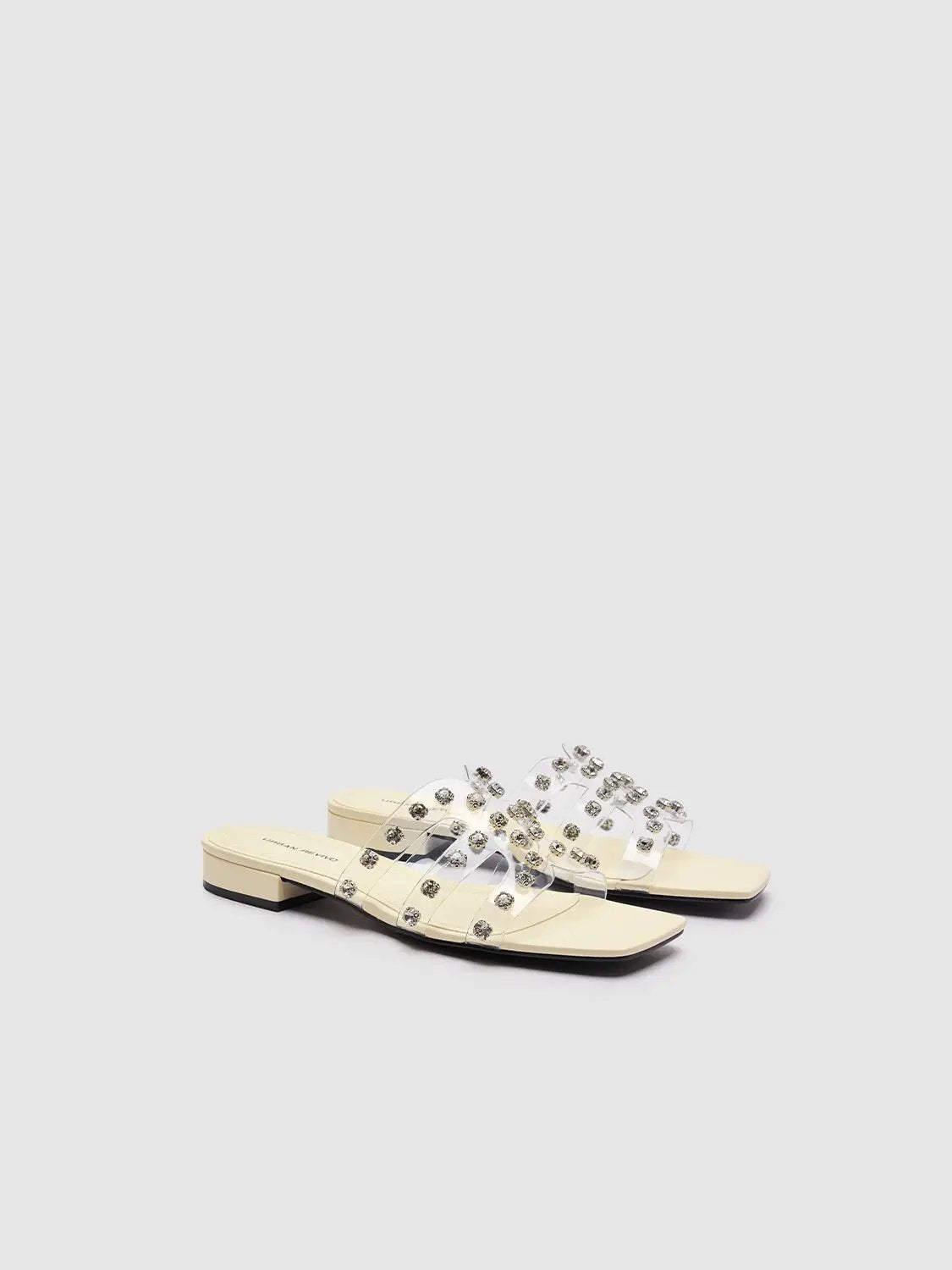 Square Toe Block Heel Clear PVC Rhinestone Slide Slippers