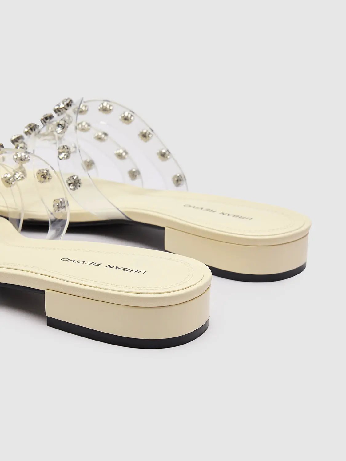 Square Toe Block Heel Clear PVC Rhinestone Slide Slippers