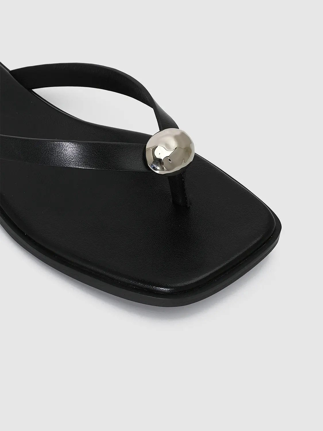 Square Toe Metal Detail Faux Leather Flip Flop Slippers