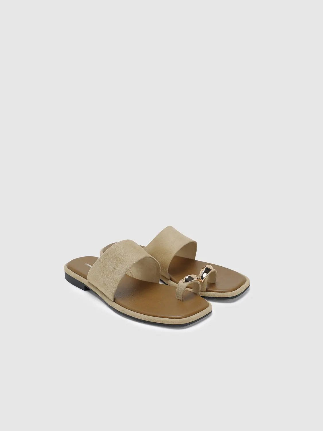 Square Toe Two-Tone Suede Metal Detail Slip On Flat Sandals