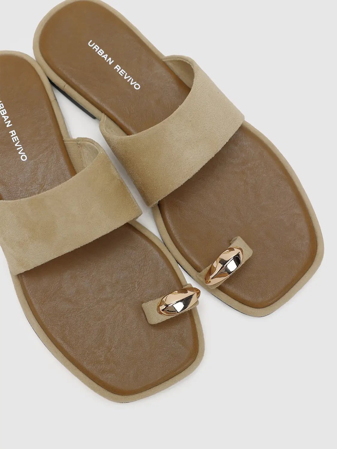 Square Toe Two-Tone Suede Metal Detail Slip On Flat Sandals